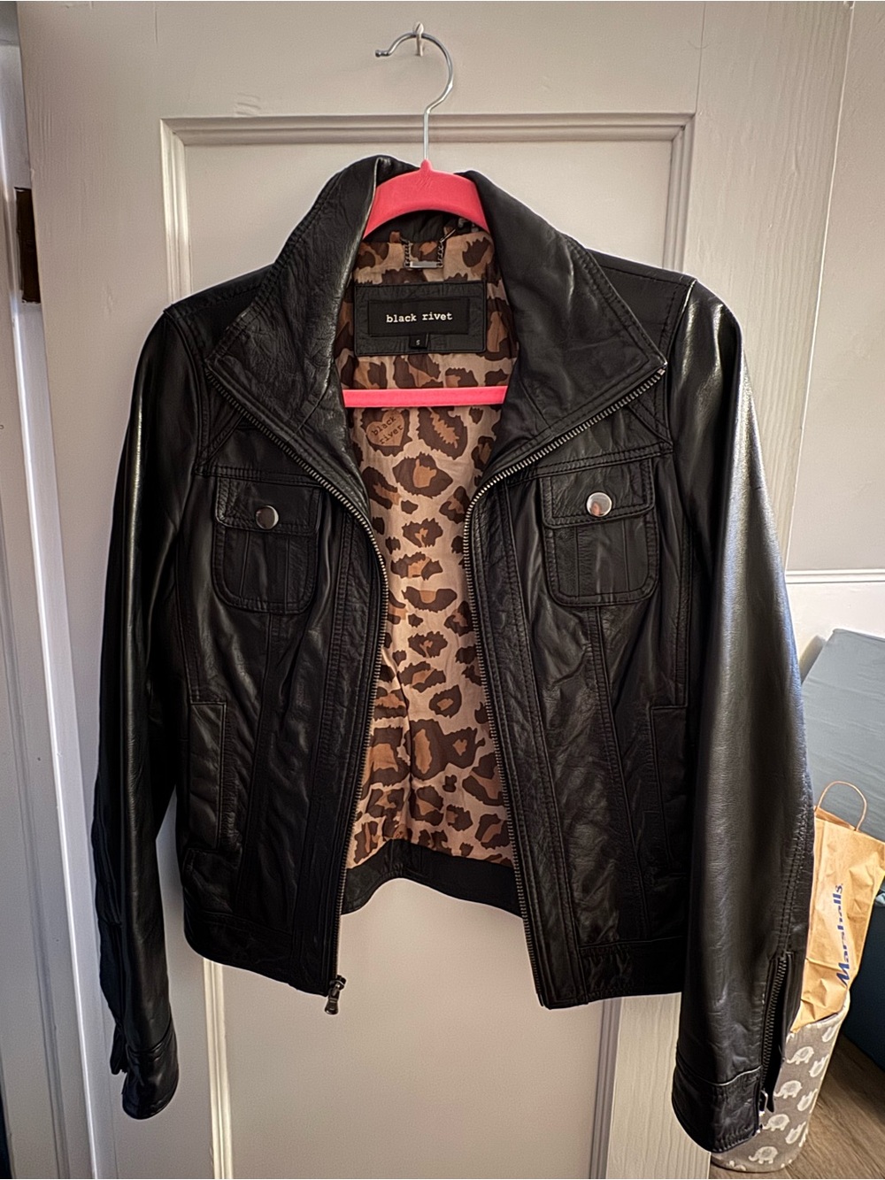 Black Rivet Women's Black Genuine Leather Jacket with Leopard Lining